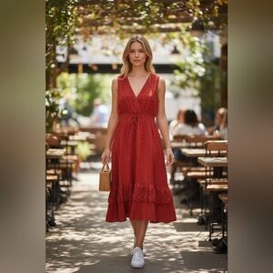 Chaudry Red V-Neck Midi Dress with Tie Waist Sz M